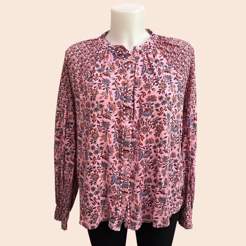 Boden Printed Floral Buttoned Jersey Knit Longsleeve Blouse Feminine Chic 14R